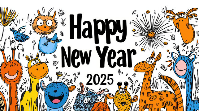 Happy New Year 2025 card featuring cheerful animals celebrating occasion with vibrant colors and playful designs, perfect for spreading joy and good wishes