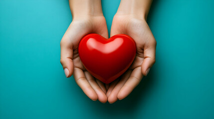 Fototapeta premium Hands Gently Holding a Shiny Red Heart on Teal Background: Symbol of Love, Care, and Compassion.