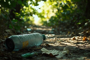 Fototapeta premium Littered path in a forest with a discarded plastic bottle and fallen leaves surrounded by lush greenery illustrating pollution and environmental impact
