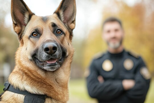 Partnership in safety, K-9 service dog alongside police officer, symbolizing loyalty, collaboration in law enforcement, emphasizing vital role of service animals in community protection, security.
