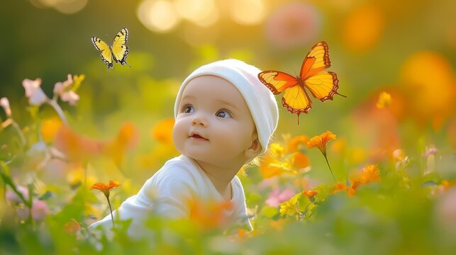 A baby in a white hat sits in a field of flowers, watching butterflies fly.