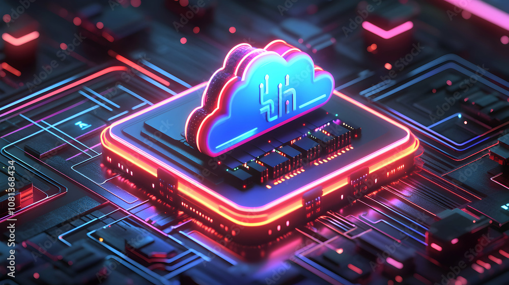 Poster neon cloud computing: 3d illustration of data storage on a futuristic circuit board