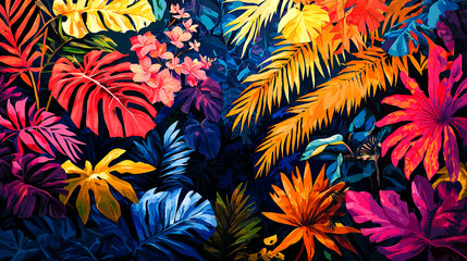 Fototapeta premium Colorful tropical leaves and flowers on a dark background.