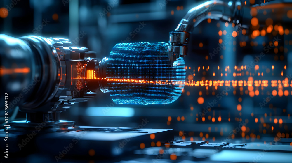 Poster futuristic 3d render: robotic arm processes digital data sphere in a sci-fi factory setting
