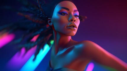 Close-up Portrait of a Woman with Vibrant Neon Lighting and Bold Makeup