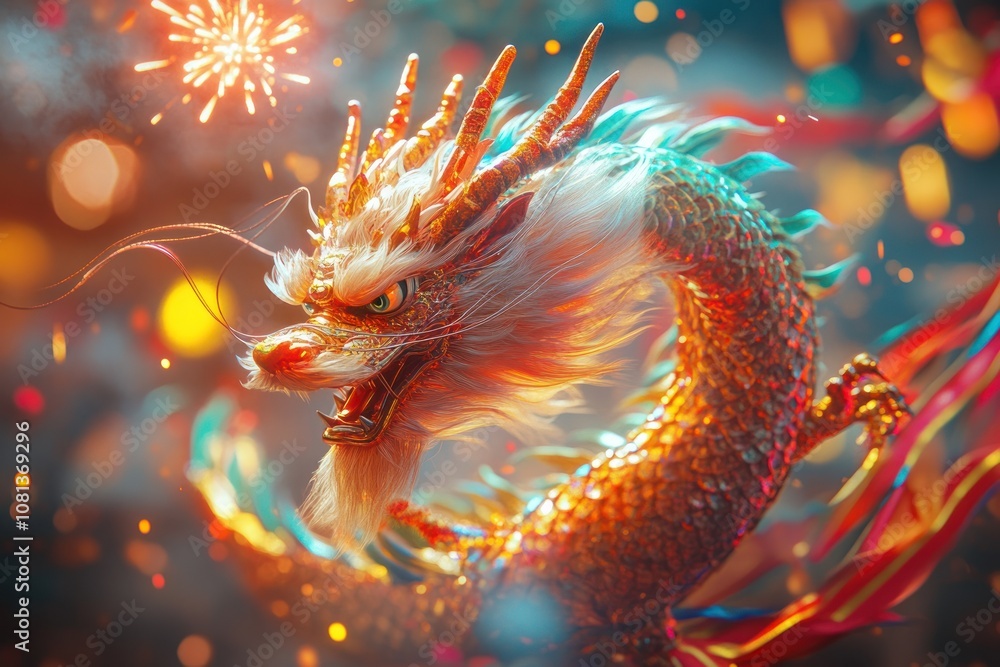 Poster a golden dragon with a fierce expression, its scales shimmering in the light. fireworks explode in t