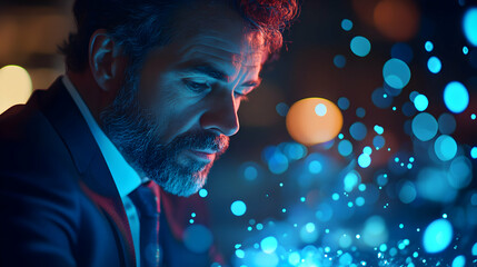 A Man in Suit Contemplates in a Blue-Lit, Bokeh Background, Nighttime Setting.
