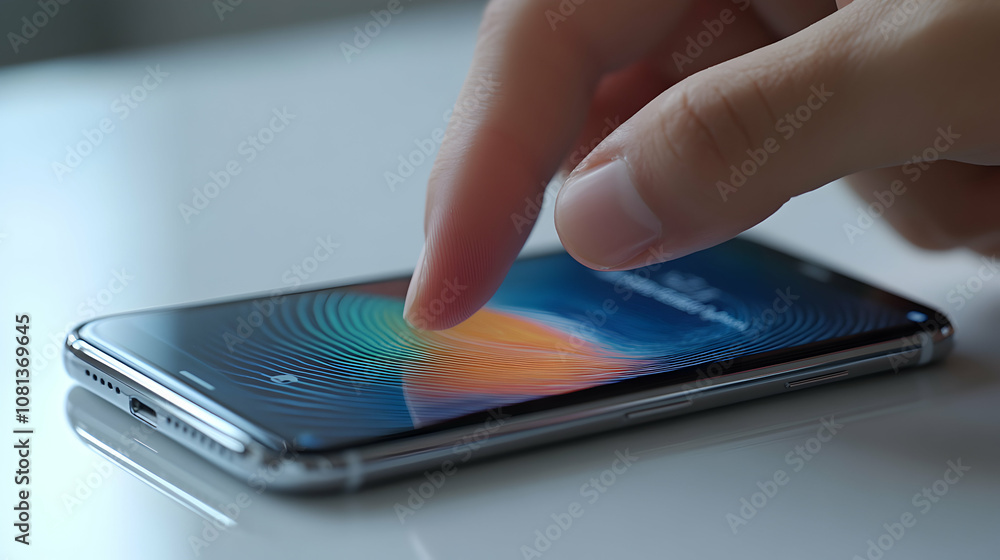 Poster fingertip unlocks smartphone with vibrant, abstract background display.