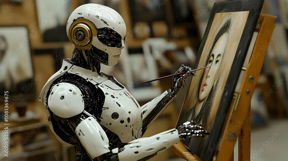 Poster advanced robot artist creates detailed portrait with precision using paintbrush in art studio