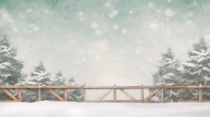 Fototapeta premium Snowy Winter Scene with a Wooden Gate and Pine Trees