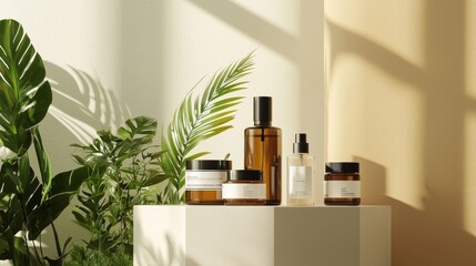Natural skincare products with greenery and shadows