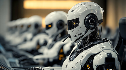 Fototapeta premium Futuristic Robots Operate in a Technological Setting, Performing Tasks with Precision and Efficiency.