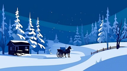Winter Landscape with Horse-Drawn Carriage and Cabin