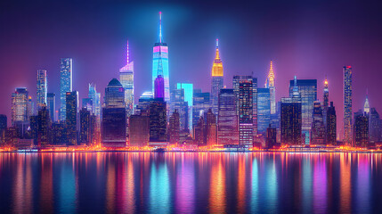 Fototapeta premium Vibrant Night Cityscape: Skyscrapers Reflect in Calm Waters, Illuminated with Neon Lights, Creating a Stunning Urban Panorama.