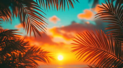 Vibrant Sunset Scene with Palm Fronds Silhouetted Against a Fiery Sky, Creating a Tropical Paradise Backdrop