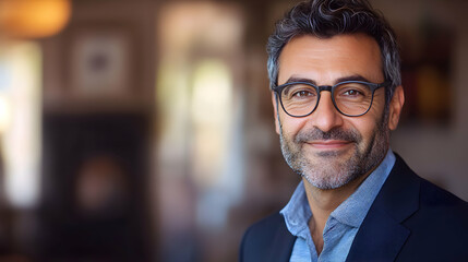 Fototapeta premium Portrait of a Smiling Man Wearing Glasses in a Blurred Background