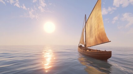 Tranquil Seascape with a Traditional Sailing Vessel Gliding Smoothly Across the Calm Waters Under a Warm Sunlight and Soft Clouds
