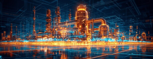 Obraz premium industrial building hologram with blue and orange glowing lines and 3D technical drawing