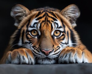 Obraz premium A close-up image of a tiger resting, showcasing its striking orange and black stripes, with piercing amber eyes and a calm demeanor.