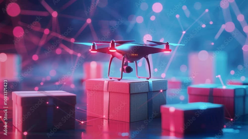 Poster futuristic delivery drone transports gift boxes using advanced technology and a global network, revo