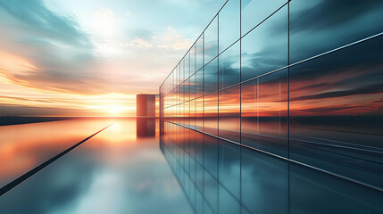 Reflective Glass Building Reflects Vibrant Sunset, Modern Architecture at Dusk