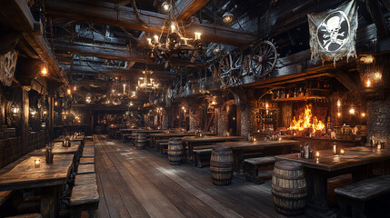 pirate, hideout, entrance, exterior, cool, suspicious, atmosphere, friends, gathering, meal, illustration, art, cartoon, watercolor, night, street, lights, door, old, building, light, dark, urban