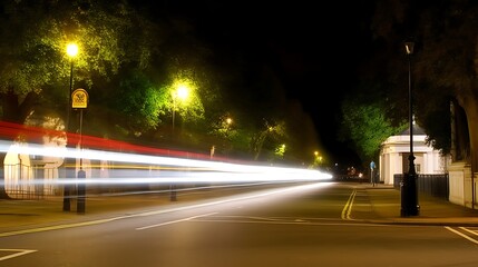 Obraz premium Nighttime Street Scene with Blurry Light Trails from Passing Cars