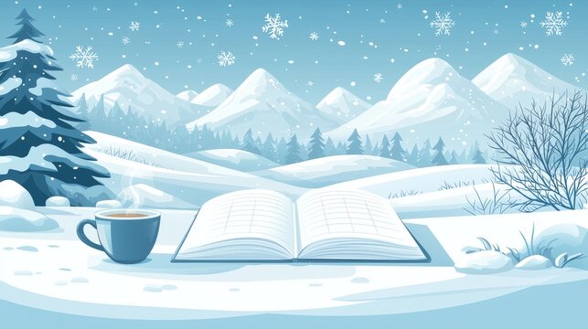 A serene winter scene featuring an open book, a steaming cup, and snow-covered mountains under falling snowflakes.