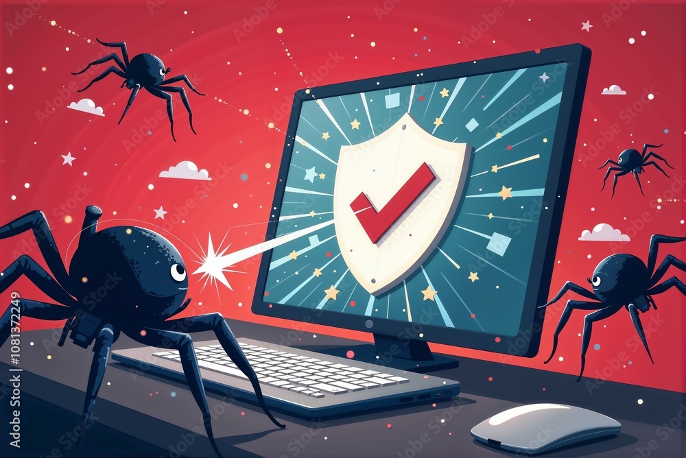 Poster a monitor with a shield and check mark is surrounded by spiders