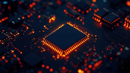 A close-up of a glowing microchip on a circuit board, featuring intricate patterns and vibrant orange lights against a dark background.
