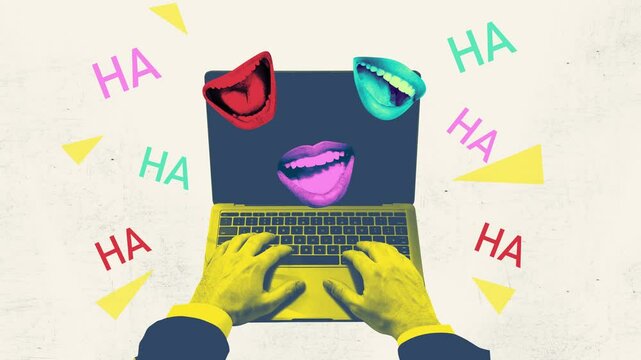 Creative sketch motion art collage of hands type laptop keypad mock mouth laugh cyberbully hacking abuse problem 