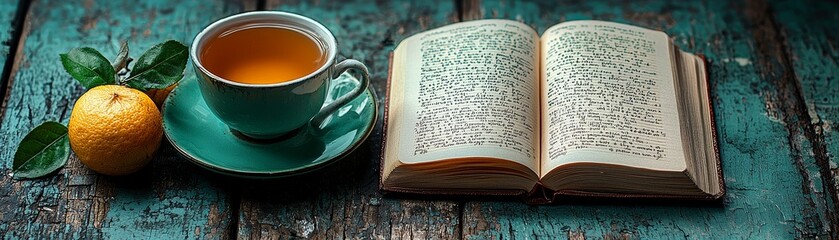 Obraz premium A serene scene featuring a cup of tea, an open book, and a lemon on a rustic wooden surface, evoking relaxation and tranquility.