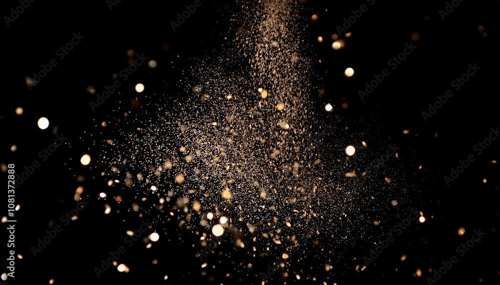 Poster realistic glitter exploding on black background. the perfect for visual effects, compositing, and mo