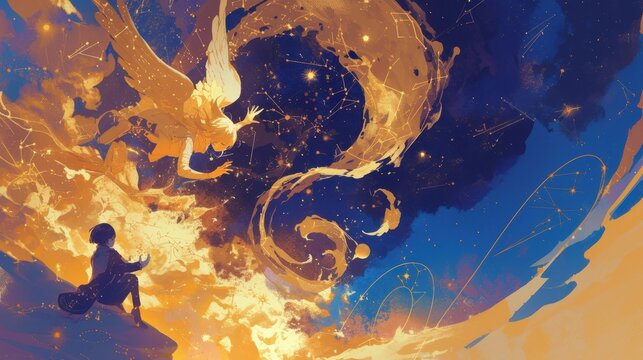 A pair of celestial beings soar through the zodiac guided by the constellations and the songs of the cosmos.