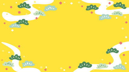 へびと松のフレーム素材(背景黄色、緑の松)