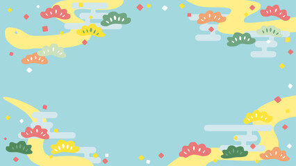 へびと松のフレーム素材(背景水色、カラフルな松、雲)