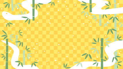 へびと松のフレーム素材(背景黄色市松模様、緑の竹)