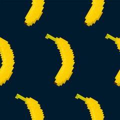 Seamless pattern with pixel bananas on a dark blue background. Funny bright bananas in retro 8 bit video game style for a wallpaper, wrapping paper, textile prints. Pixel art