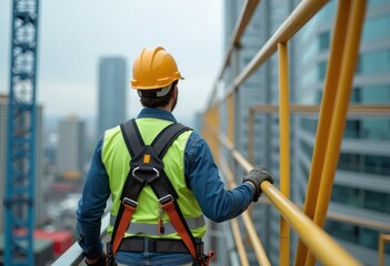 Male worker with safety equipment in high-risk work at high altitude