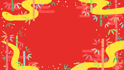 へびと松のフレーム素材(背景赤色、カラフルな竹)