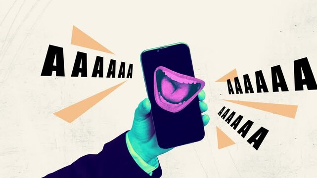 Creative poster motion trend collage video of hand hold phone scream mouth aaa cyberbully offended user virus attack 