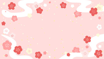 へびと梅のフレーム素材(背景ピンク)