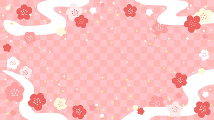 へびと梅のフレーム素材(背景ピンク市松模様)