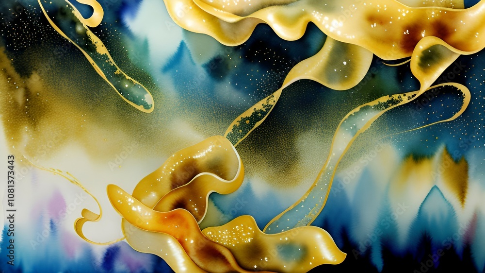 Poster abstract swirling gold patterns on a dark, ethereal background with hints of blue flames.