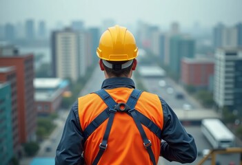 Male worker with safety equipment in high-risk work at high altitude