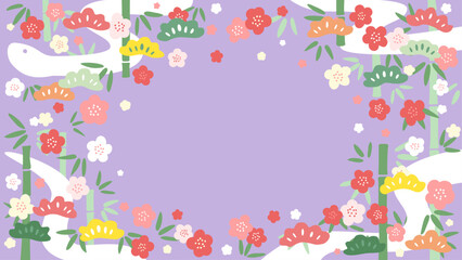 へびと松竹梅のフレーム素材(背景紫)