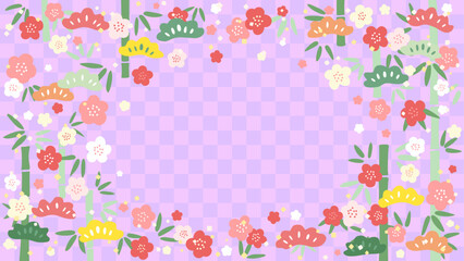 かわいい松竹梅のフレーム素材(背景紫市松模様)