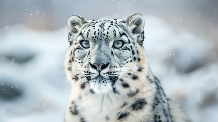 Fototapeta premium Snow Leopard as a teacher banner with copy space area for text. Cute Snow...