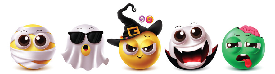 Halloween emoji characters vector set. Emojis scary halloween clip art character like mummy, ghost, witch, vampire and zombie in scary mascot costume graphic design elements. Vector illustration 
