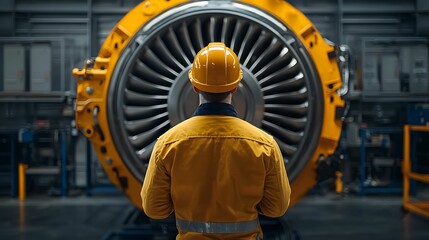 Fototapeta premium Turbocharger installation. A technician examines a large jet engine in an industrial setting, highlighting the intricacies of aerospace technology.